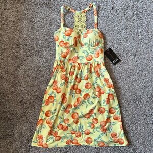 NWT No Boundaries Summer Strappy Dress Yellow‎ Citrus Print Crochet Back